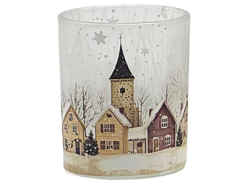 Lysglass frostet Juleby 6x7,5cm