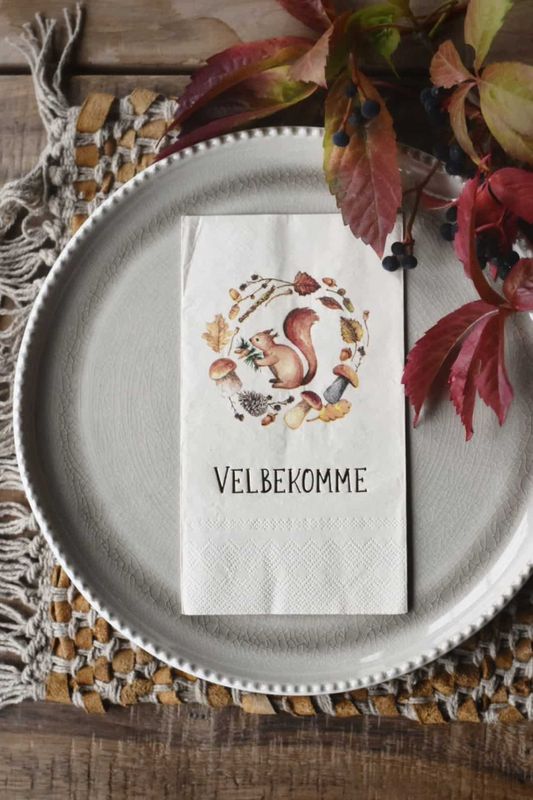 Serviett Velbekomme - ekorn - 33x44 cm