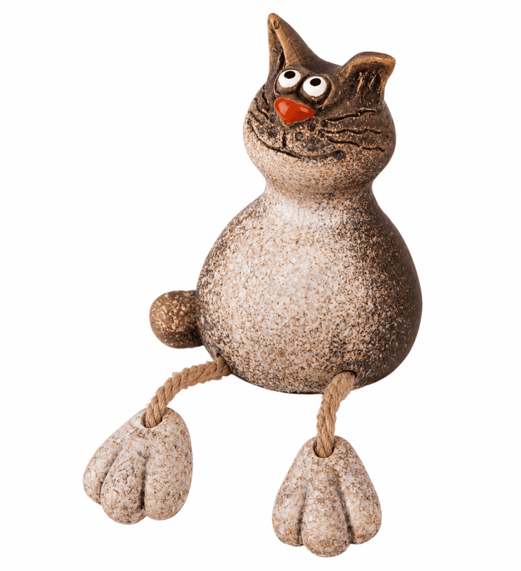 Katt sittende gråbrun keramikk 10cm